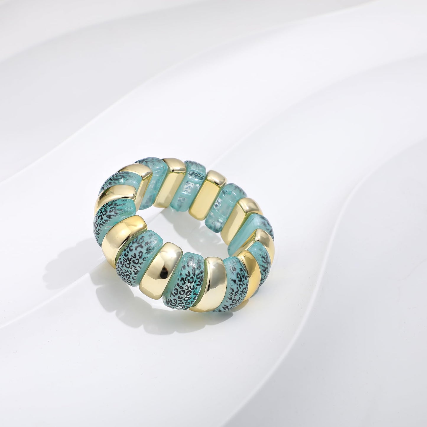 GOOJIDS Leopard Beaded Gold Plated Bangles Bracelet Chunky Bamboo Tube Curved Stacking Clear Acrylic Colorful Beads Stretchable Plated Bracelets Set For Women