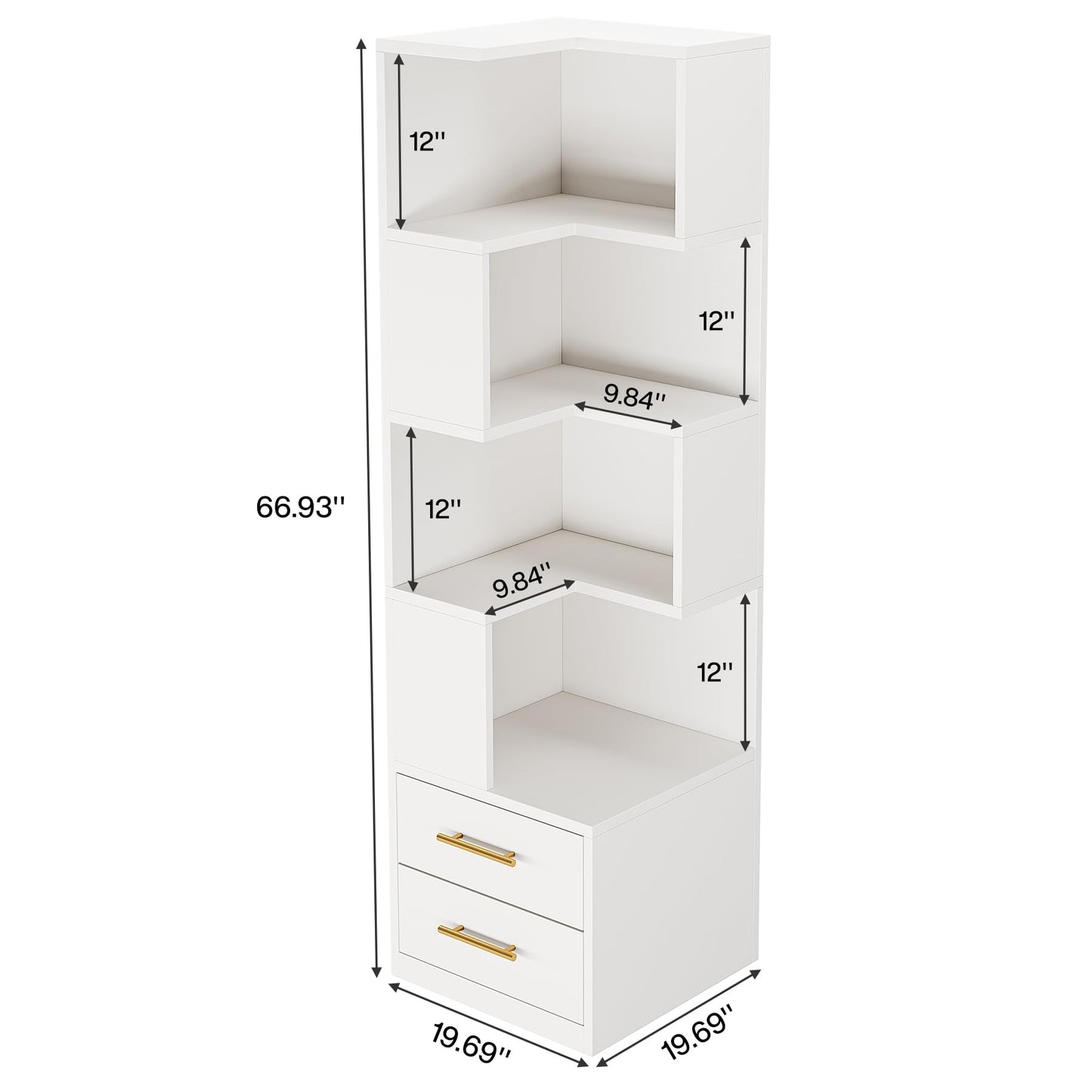 Tribesigns 5-Tier Corner Bookshelf with 2 Drawers, 66.9-Inch Tall Corner Bookcase Shelf, Modern Simple Corner Storage Cabinet Display Rack Shelf for Living Room, Home Office (White)