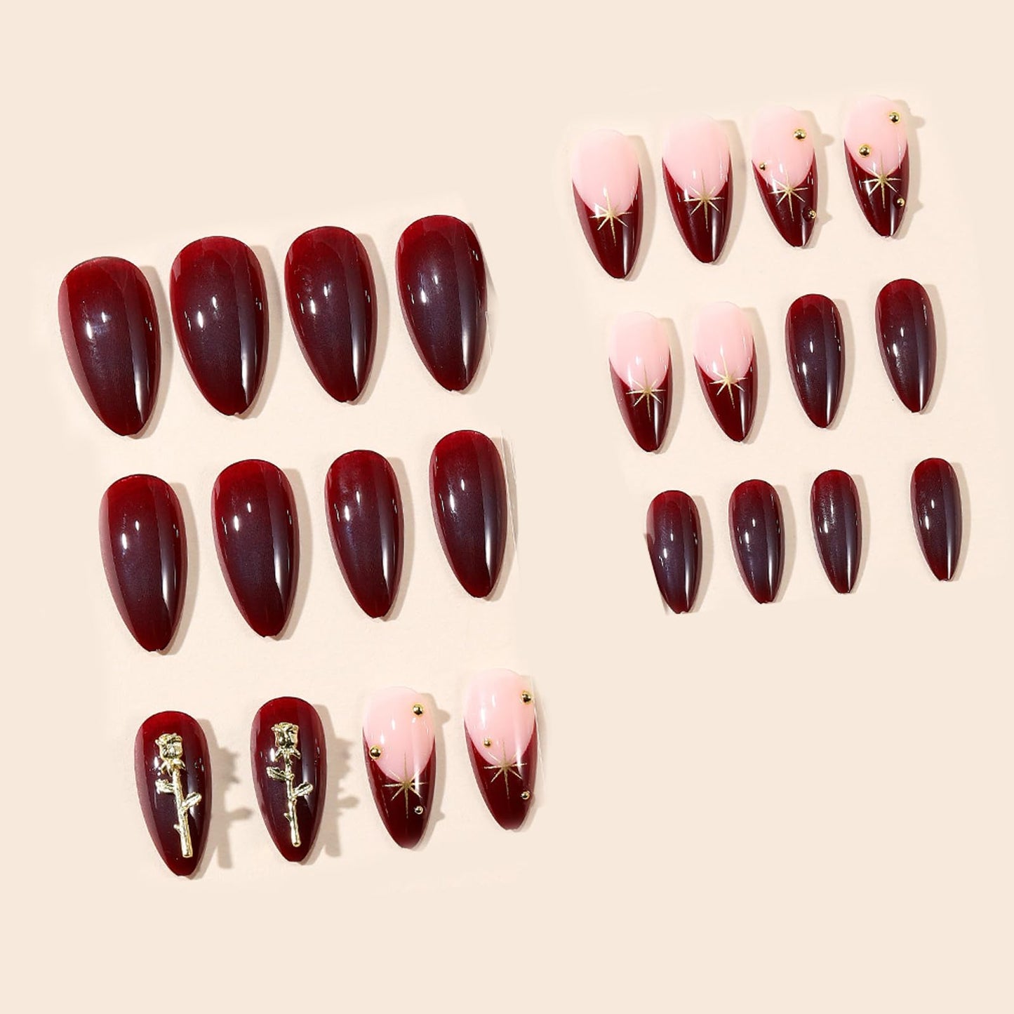 IMRAIN Press on Nails Medium Almond Fake Nails with 3D Golden Rose Designs Burgundy Acrylic False Nails Full Cover Stick on Nails for Women