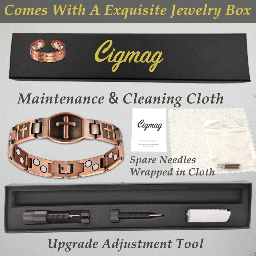 Cigmag Copper Bracelet for Men Double Row Ultra Strength Magnets Pure Copper Magnetic Bracelet & Ring with Adjustable Sizing Tool (Cross)