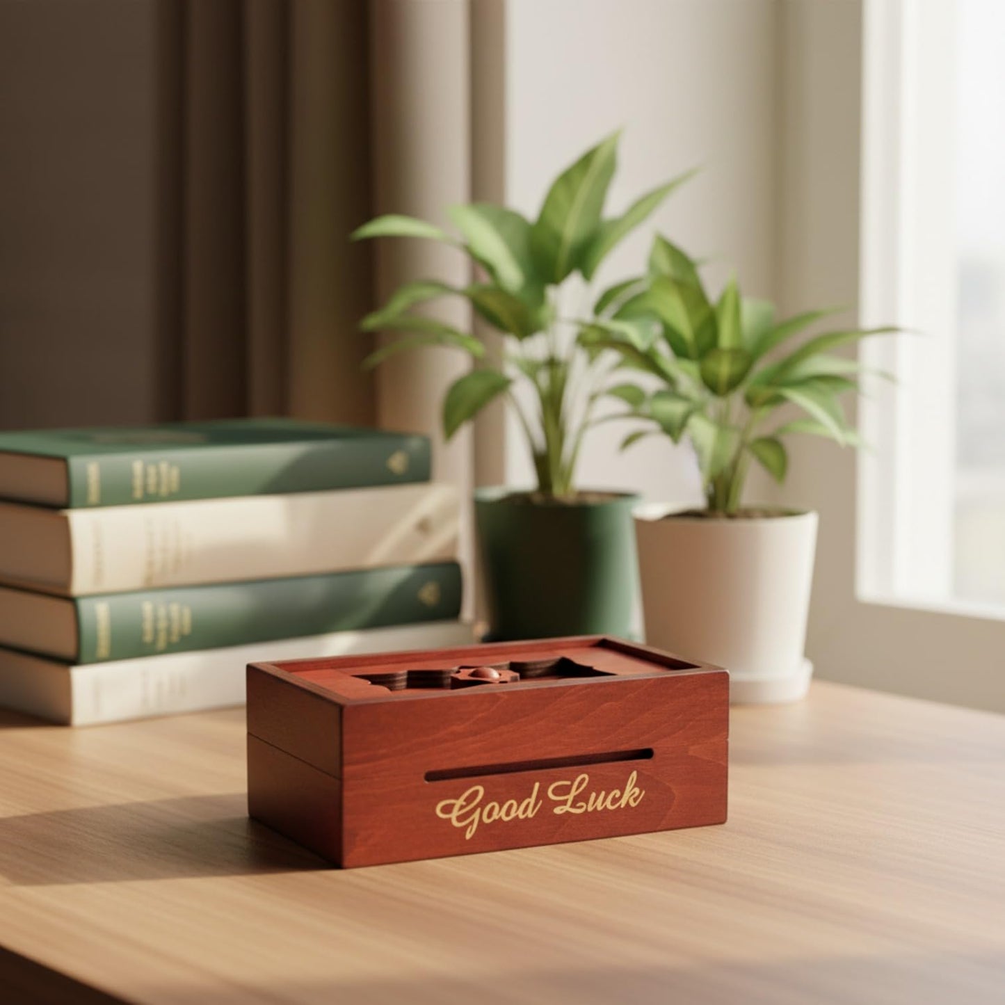 Good Luck Puzzle Box Secret - Money and Gift Card Holder in a Wooden Magic Trick Lock with Hidden Compartment Piggy Bank Brain Teaser Game