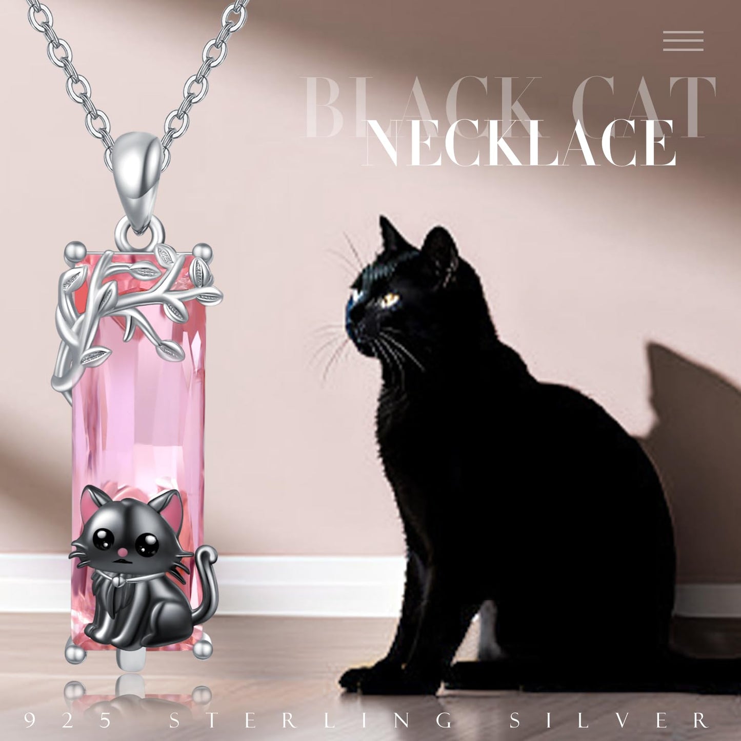 AENEAS Black Cat Necklace 925 Sterling Silver Cute Black Cat Pendant Necklace Pink Crystal Jewelry Gifts for Women Wife Daughter