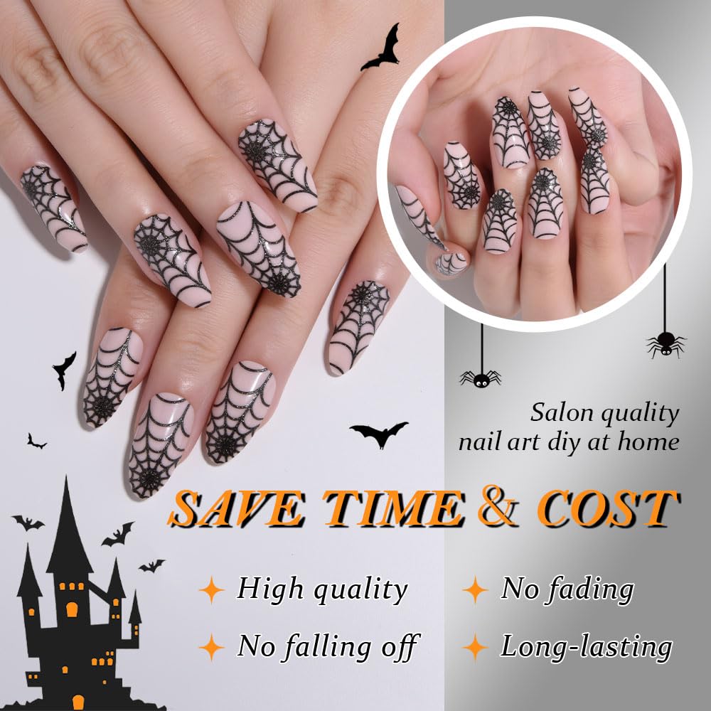 Nude Pink Halloween Press on Nails Short Almond with Cobweb Designs, Short Almond Artificial Fake Nails with Spider Web Design, Perfectly Fit Full Cover Glossy Stick on Ghost Nail for Women Girls