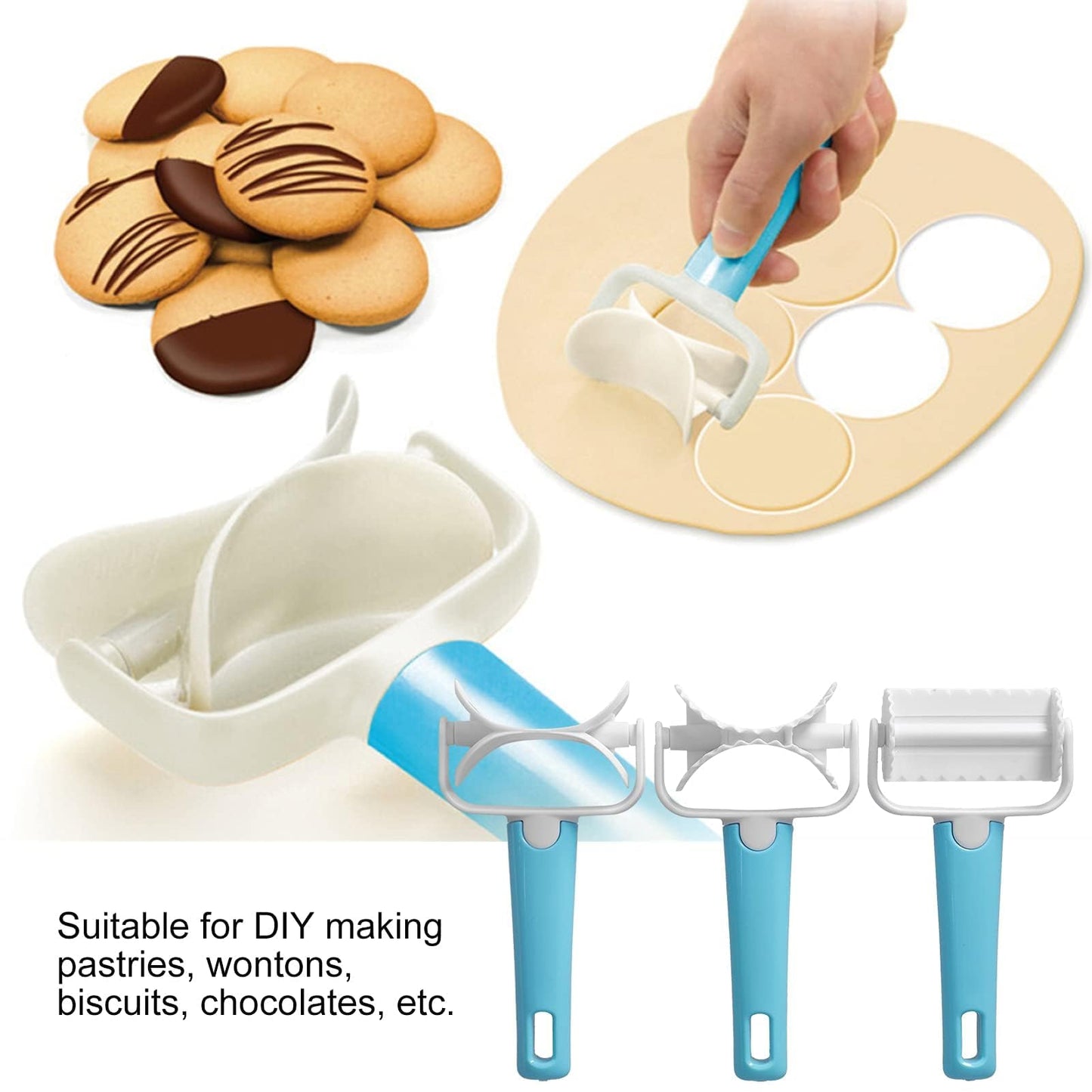 3PCS Pastry Rolling Cutter, Rolling Cookie Cutter Plastic Dough Blade Roller Round Roller Fondant Slicer Baking Accessory for Cake Cookies Biscuits