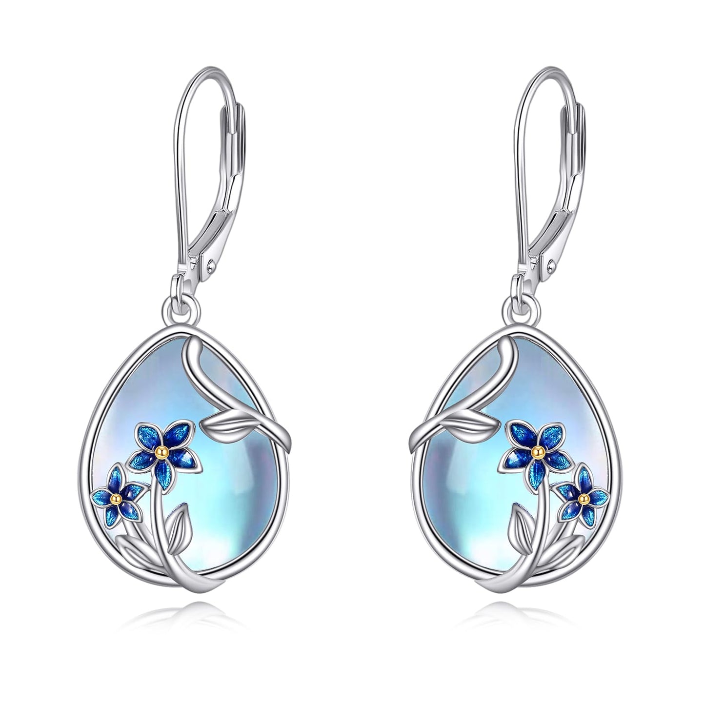 YFN Moonstone Earrings with Forget-Me-Not Sterling Silver Flower Teardrop Drop Dangle Leverback Earrings Gift for Women