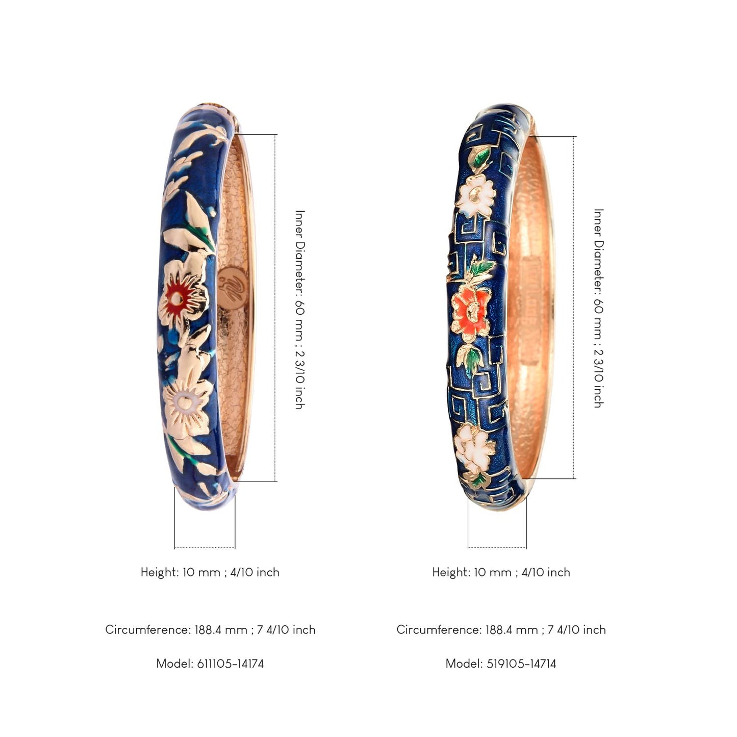 UJOY Cloisonne Bracelet Hinge Indian Cuff Bangle Enameled Jewelry Flower Bracelets for Women Gift Box 55A103-55A114 Navy Blue