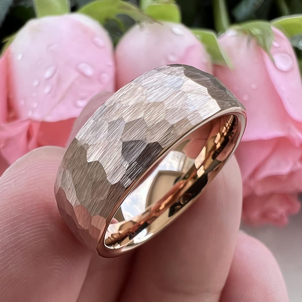 TUTISS 8mm Rose Gold Hammered Tungsten Rings for Men Women Engagement Wedding Bands Domed Matte Finish Comfort Fit Size 14