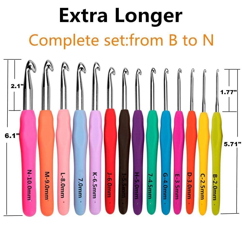 Yarniss Crochet Hooks,14 Size Crochet Set 2mm(B)-10mm(N), Ergonomic Crochet Hooks Set with Case for Beginner,Long Crochet Needles