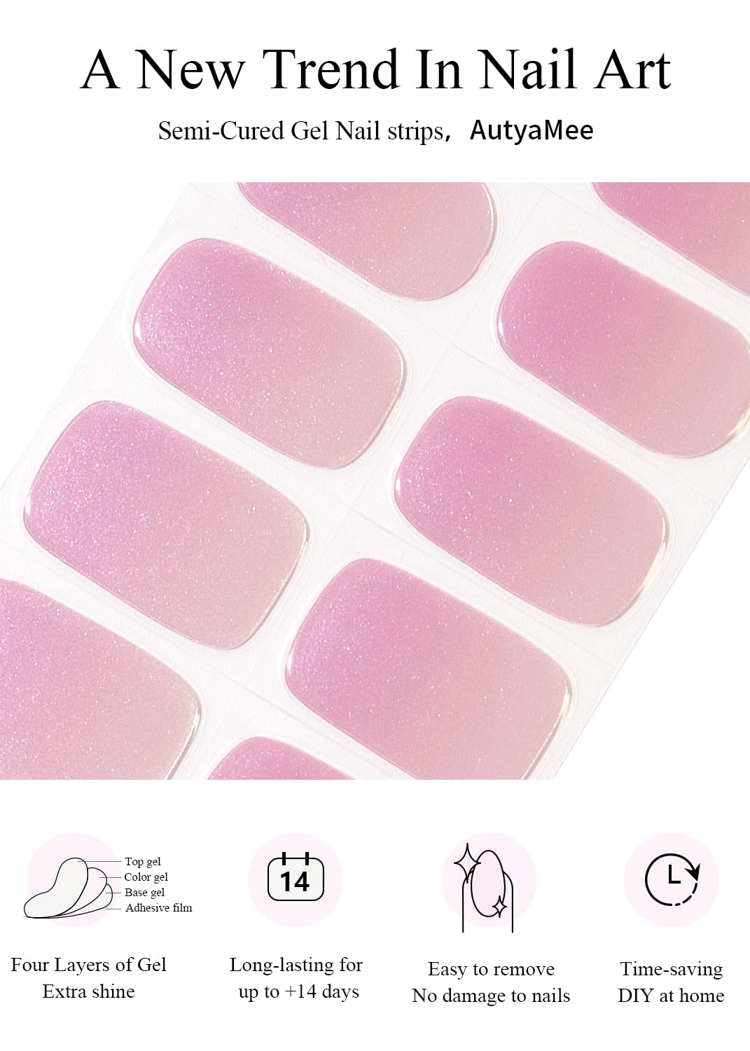 AutyaMee Semi Cured Gel Nail Strips (Glazed Ombre Pink),Chrome, Pearl, 20 Pcs Gel Nail Wraps, Stickers, UV Light Required