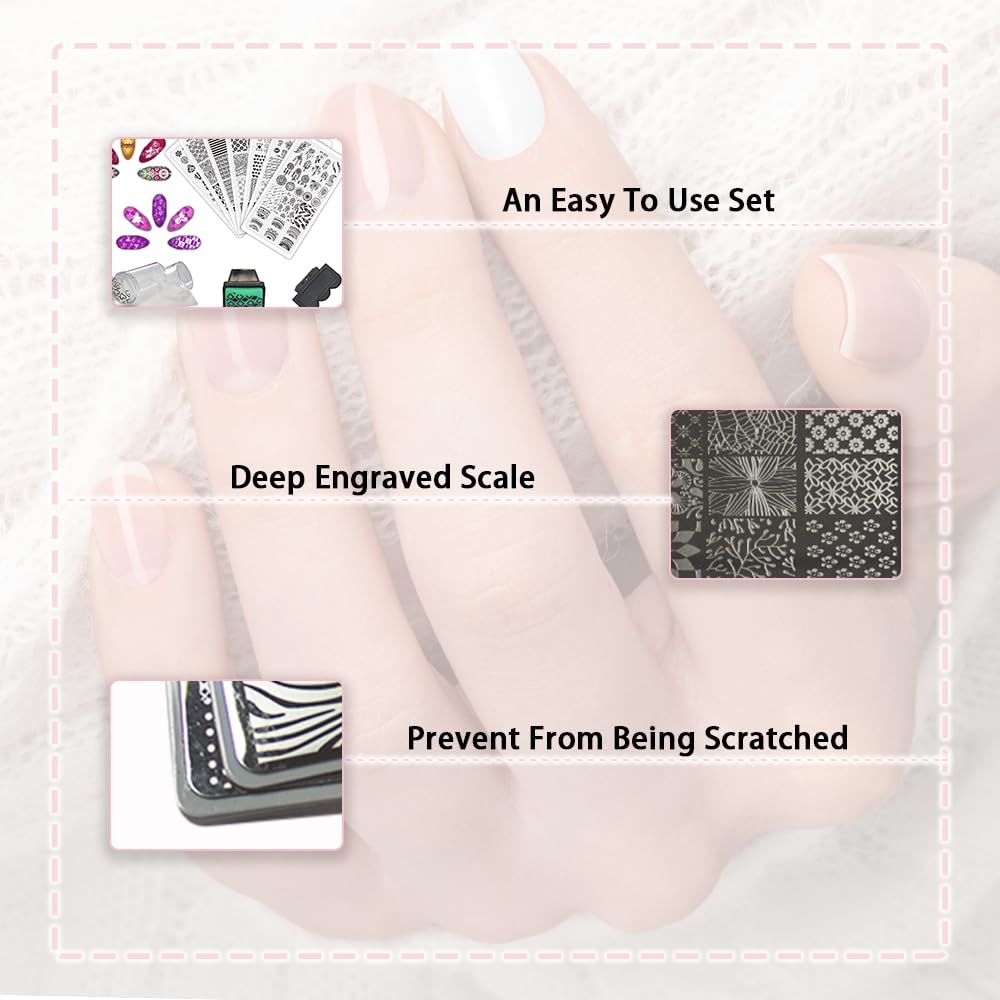 Beauty Leader Nail Art Stamping Template Mix Design 7Pcs Image Plates with White Plastic Plate Holder+1 Pcs Square Rubber Stamper DIY Nail Art Image Stamp Plate(17-23)