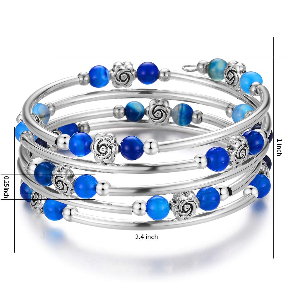 BULINLIN Wrap Bangle Rose Bead Bracelet - Beaded Bracelet with Natural Agate Stone Gifts For Women(01-Agate blue)