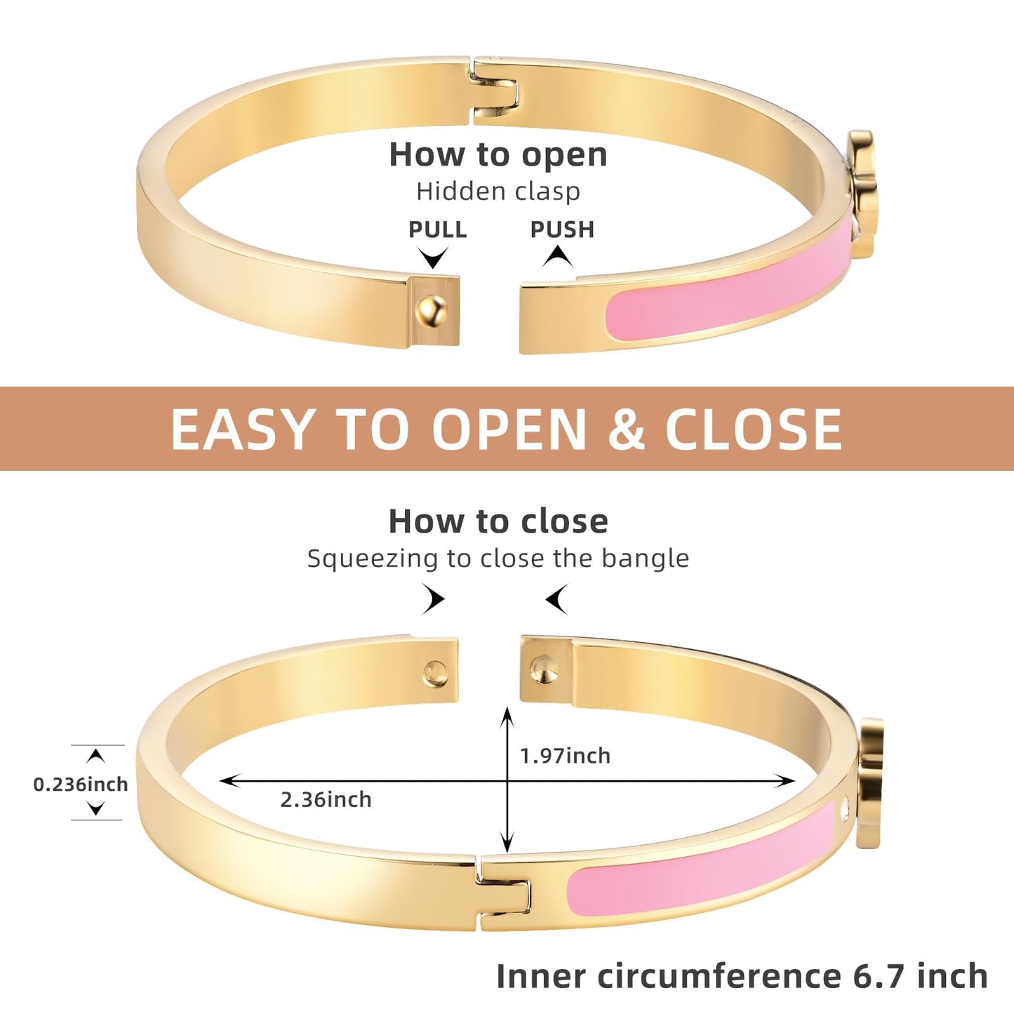 KYJAC 18k Gold Plated Stainless Steel Four Leaf Clover Bracelet for Women - Non-Tarnish, Precision Polished Chunky Oval Bangle in Black, White, Pink, Red Clover Bangle