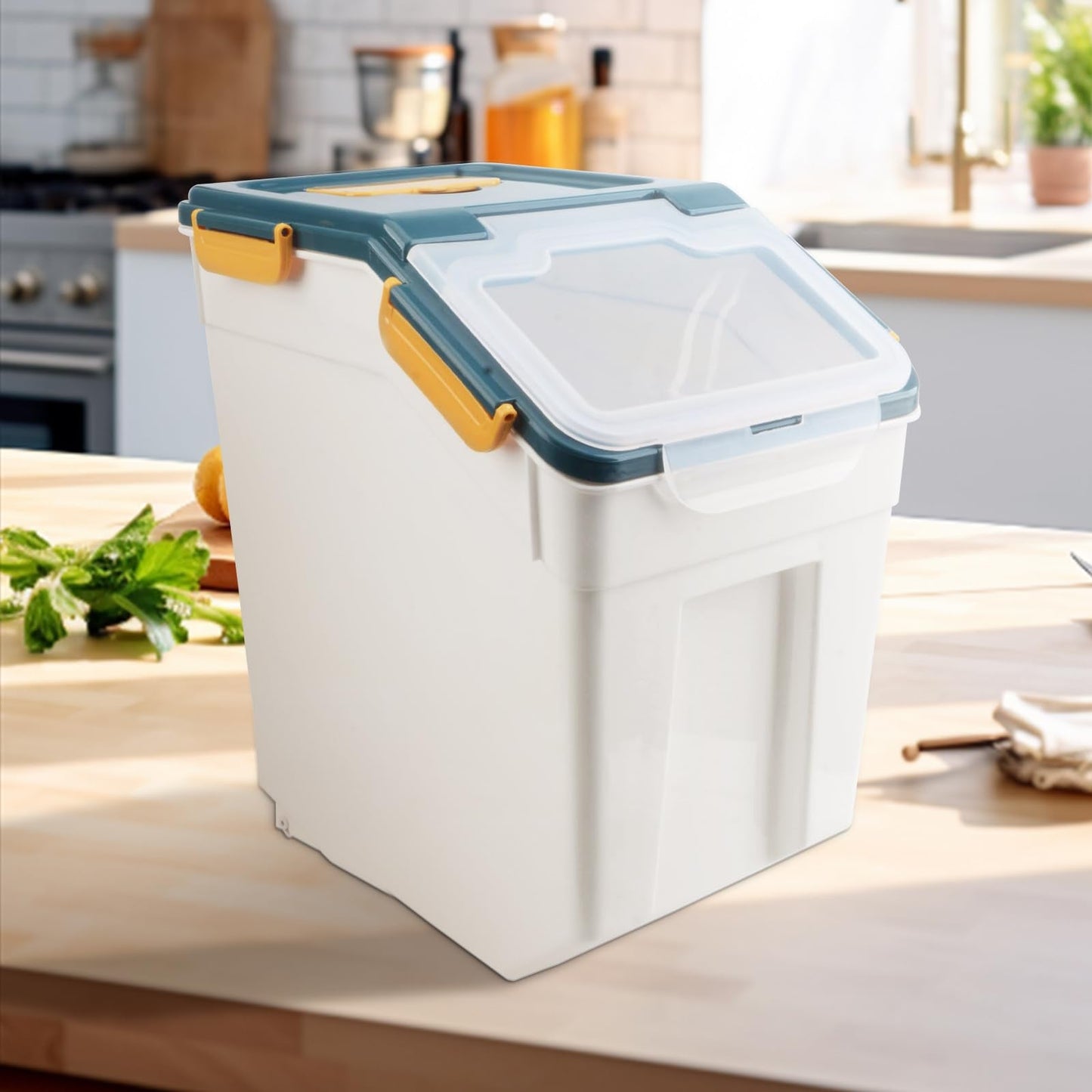 Qiveno 2 Pack Rice Storage Container with Measuring Cup 50 lb Flour Storage Container with Wheels, BPA Free Food Storage Container Dog Cat Food Bin Set for Dry Food Sugar, Cereal(Blue)