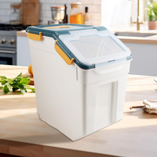 Qiveno 2 Pack Rice Storage Container with Measuring Cup 50 lb Flour Storage Container with Wheels, BPA Free Food Storage Container Dog Cat Food Bin Set for Dry Food Sugar, Cereal(Blue)