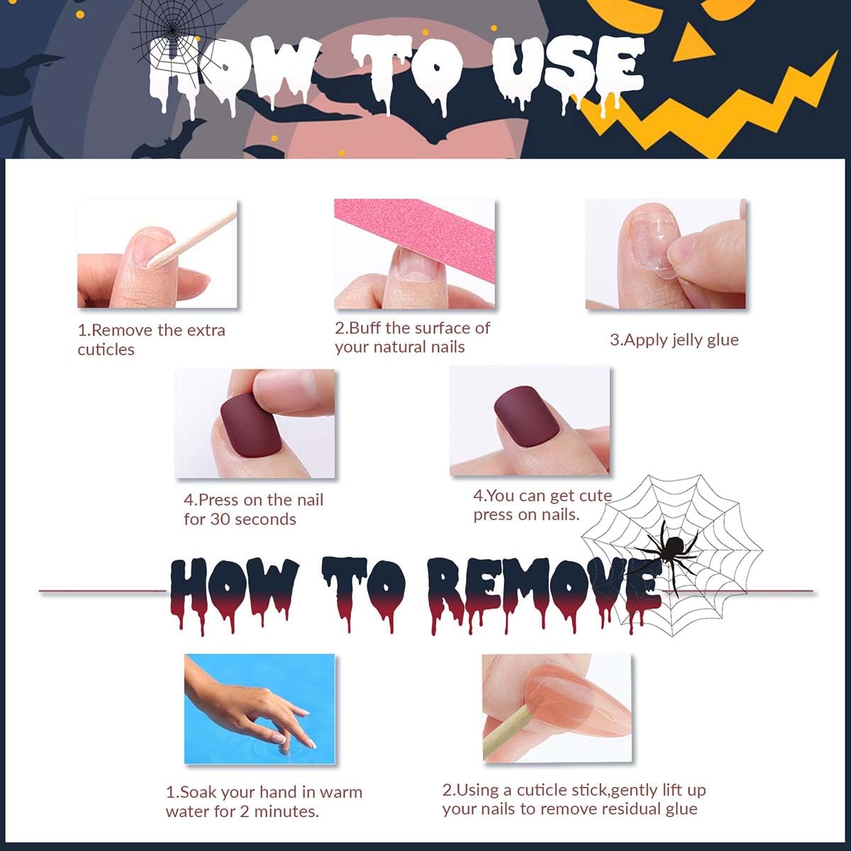 Halloween Press on Nails Short Oval Fake Nails Black White False Nails Press ons with Ghost,Bat Design Reusable Artificial Nail Full Cover Glossy Glue on Nail Stick on Nails for Women Manicure 24 Pcs