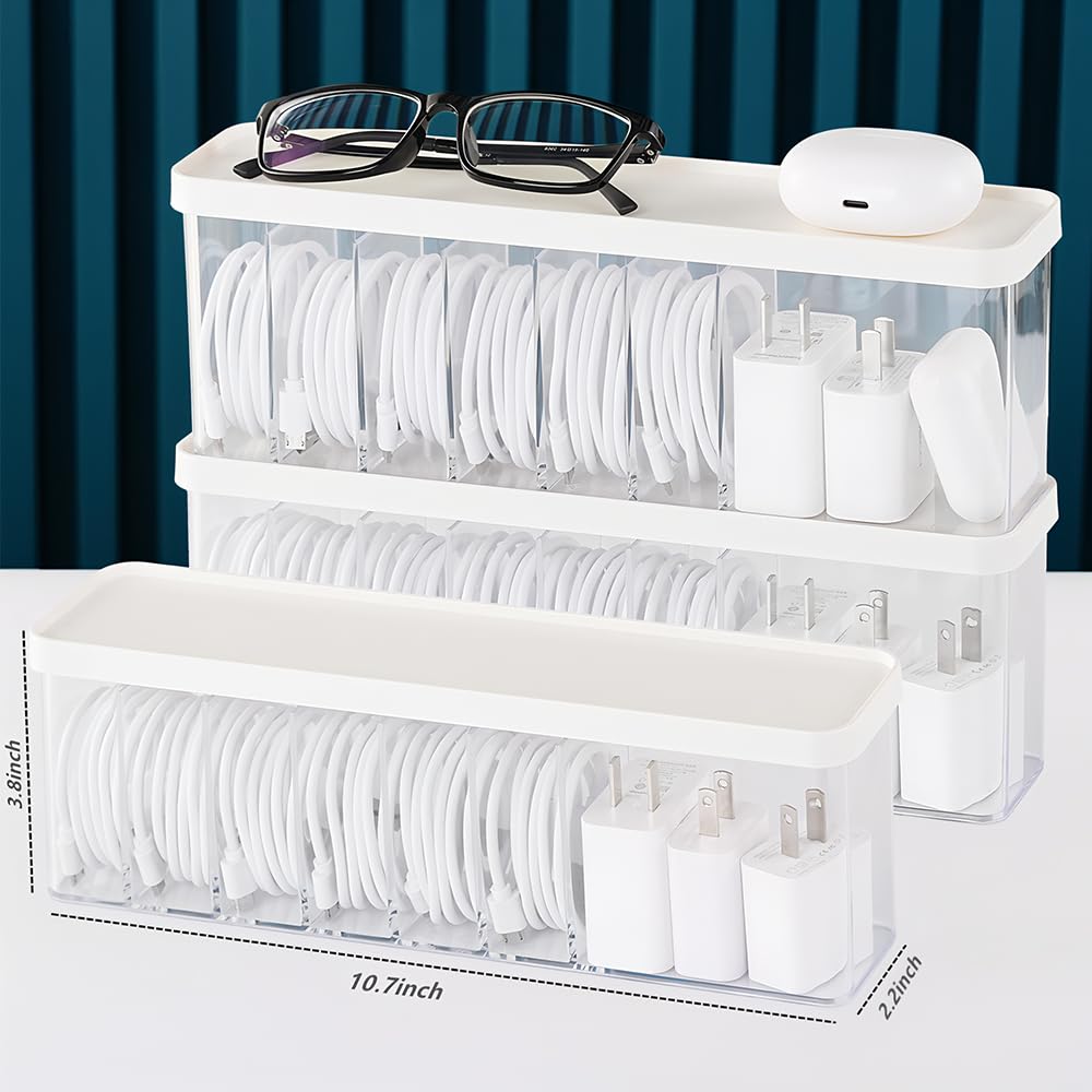 Nkocvew Charger Cable Cord Storage Organizer Box - 3 Pack With Lid - Easy Storage Without Cable Ties