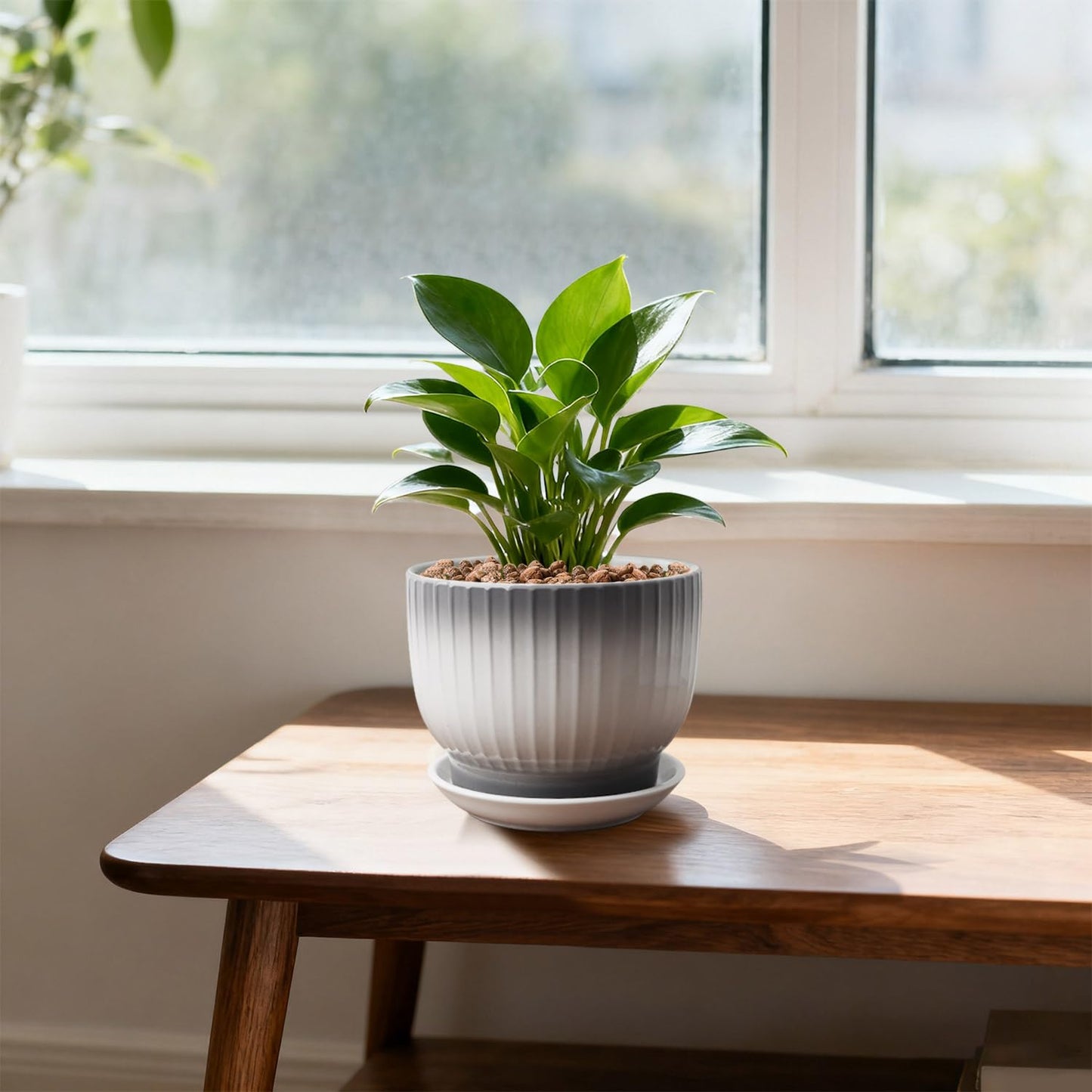 YUFDA Ceramic Plant Pots,6.7 Inch,Set of 2,Planters with Drainage Hole and Saucer,Flower pots for Indoor Plants,Modern Design(Gray+White)
