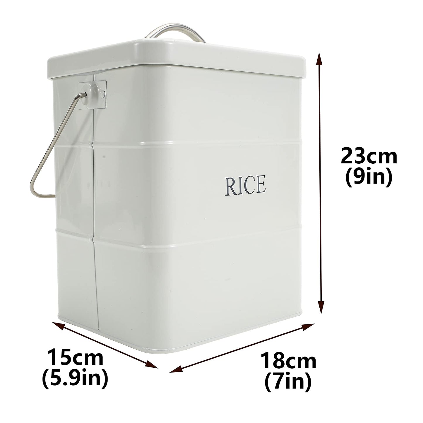 Xbopetda Metal Rice Storage Box, Square Rice Container with Lid and handle, Sealed Food Storage Bin for Kitchen, Countertop Organizer Jar for Rice Flour Soybean Grain Cereal-White