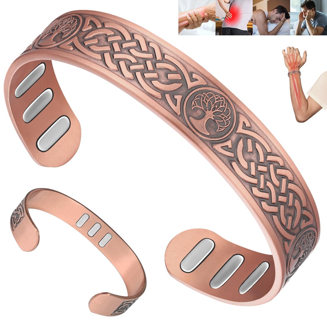 Vicmag Copper Bracelet for Men 9X Strength Magnetic 99% Pure Copper with 5000 Gauss Magnets, Tree of Life Present Box Adjustable(Axe Tree)