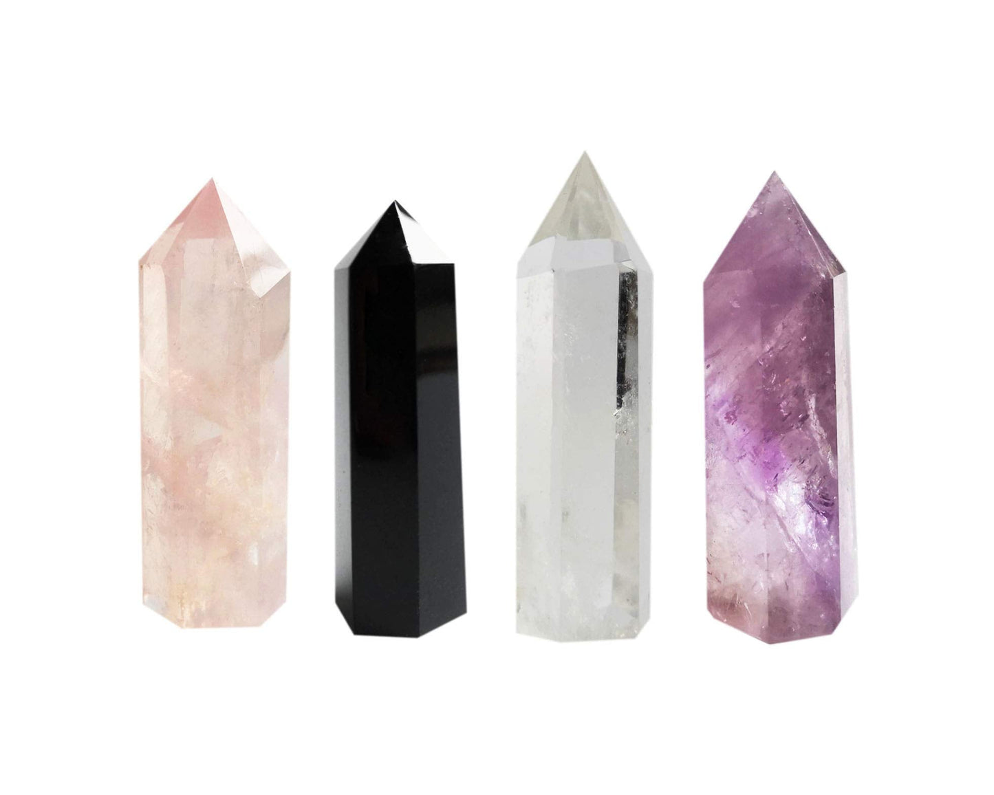 Set of 4 Healing Crystal Wands | Amethyst Crystal, Clear Quartz Crystal Wand & Rose Quartz Crystal Points,Black Obsidian| 6 Faceted Reiki Chakra Meditation Therapy