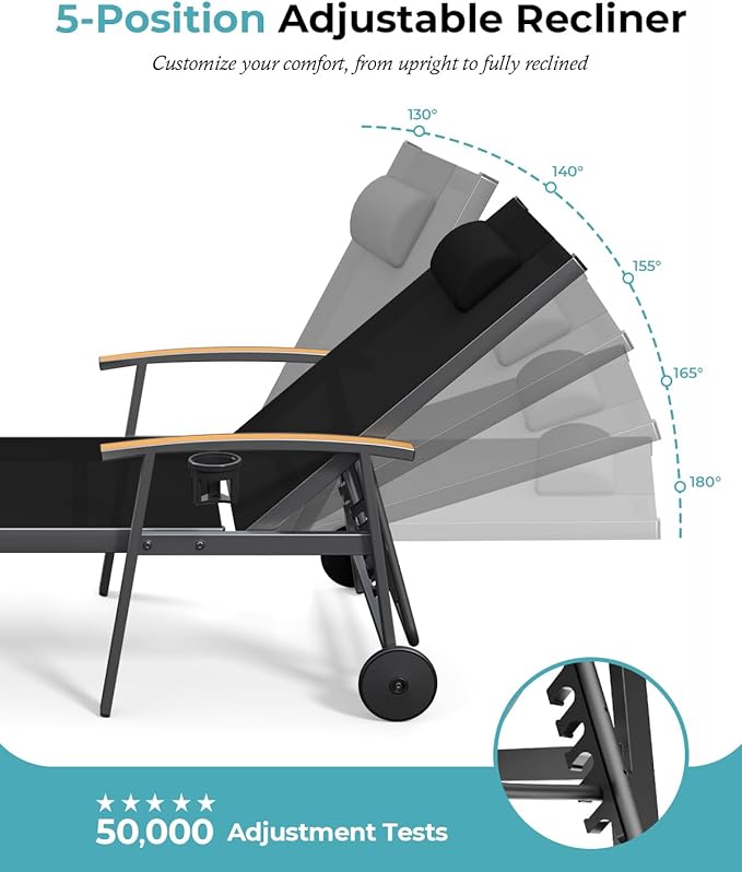 Ciokea Outdoor Lounge Chair with Pillow, 5-Position Aluminum Chaise Lounge with Wheels & Armrests, 400 lbs Heavy Duty Patio Pool Chair for Deck, Backyard, Beach & Poolside, Black