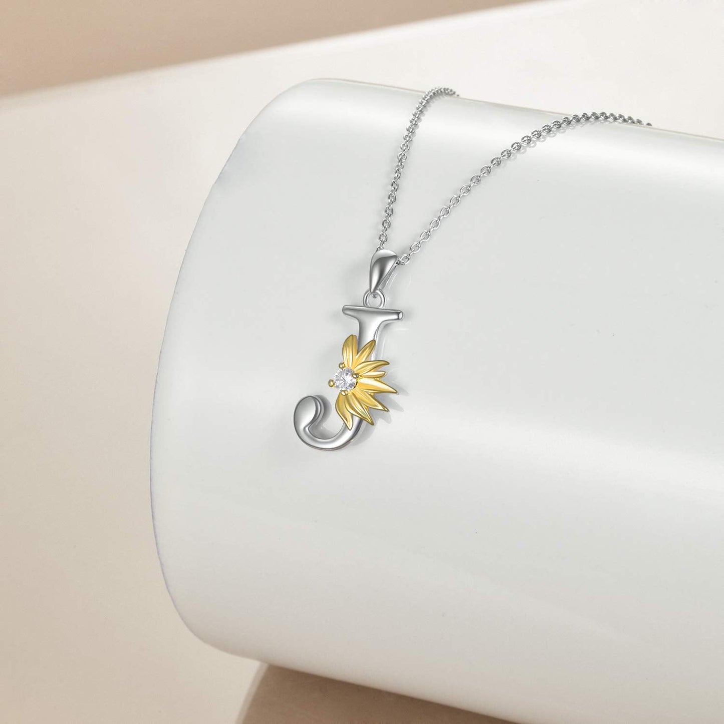POPLYKE Sterling Silver Initial Alphabet Letter Script Name Pendant Chain Necklace for Women for (Sunflower J)