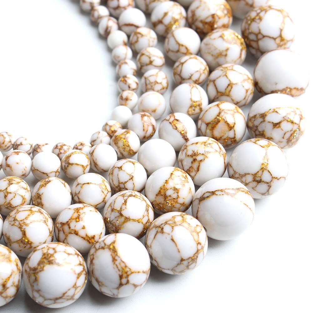 Song Xi 6mm White Howlite Spun Gold Beads Smooth Loose Jewelry Beads for Bracelets and Necklaces Making