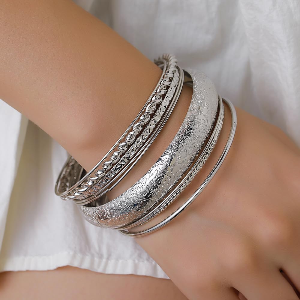RINTOLER 10Pcs Chunky Gold Bangle Bracelets for Women - Multi Layer Stackable Textured Bracelets Indian Bangles Boho Jewelry Set (E-7PC-Gold)