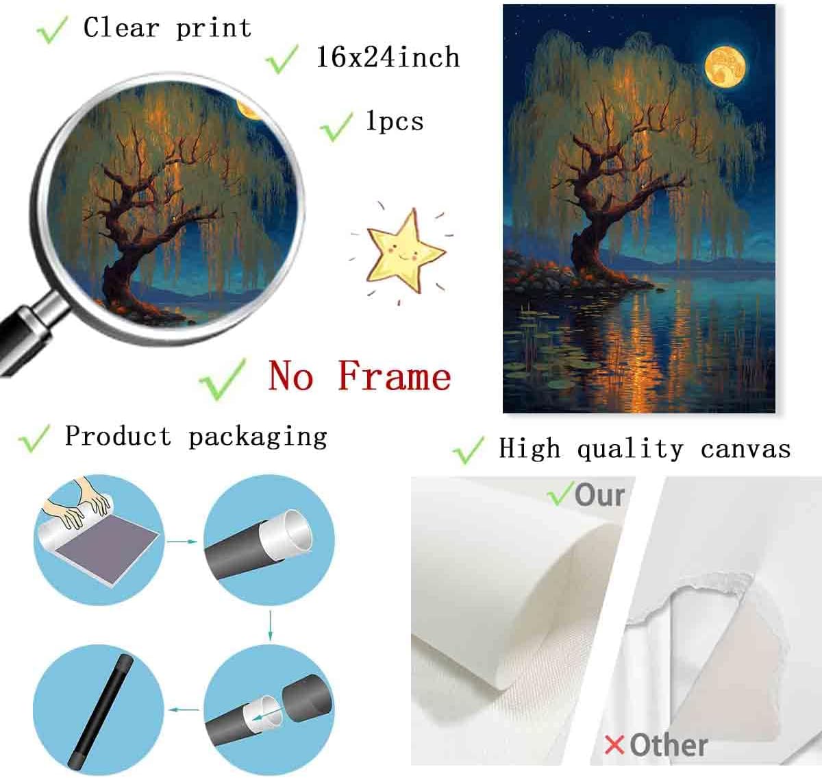 Vlolvfe Night Scenery Wall Art Country Nature Full Moon Poster Abstract Scenery Wall Art Nature Themed Tree Pictures Night Sky Picture Landscape Pictures Living Room Decor 16x24inch No Frame
