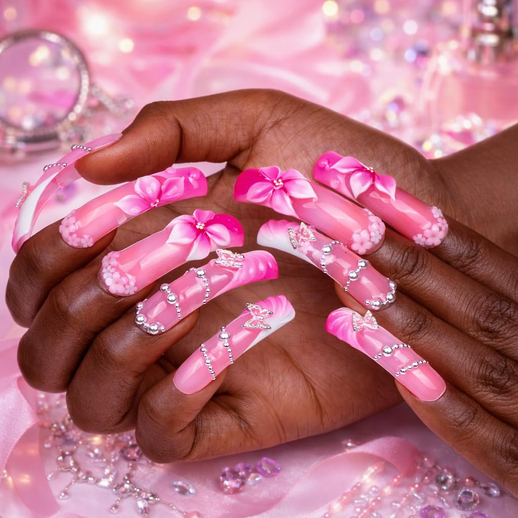 IntoVibes Handmade 10 Pcs Curved Press On Nails, Long Pink Gradient False Nails with 3D Flowers, Butterfly Rhinestone Charms and Glossy Finish (M)