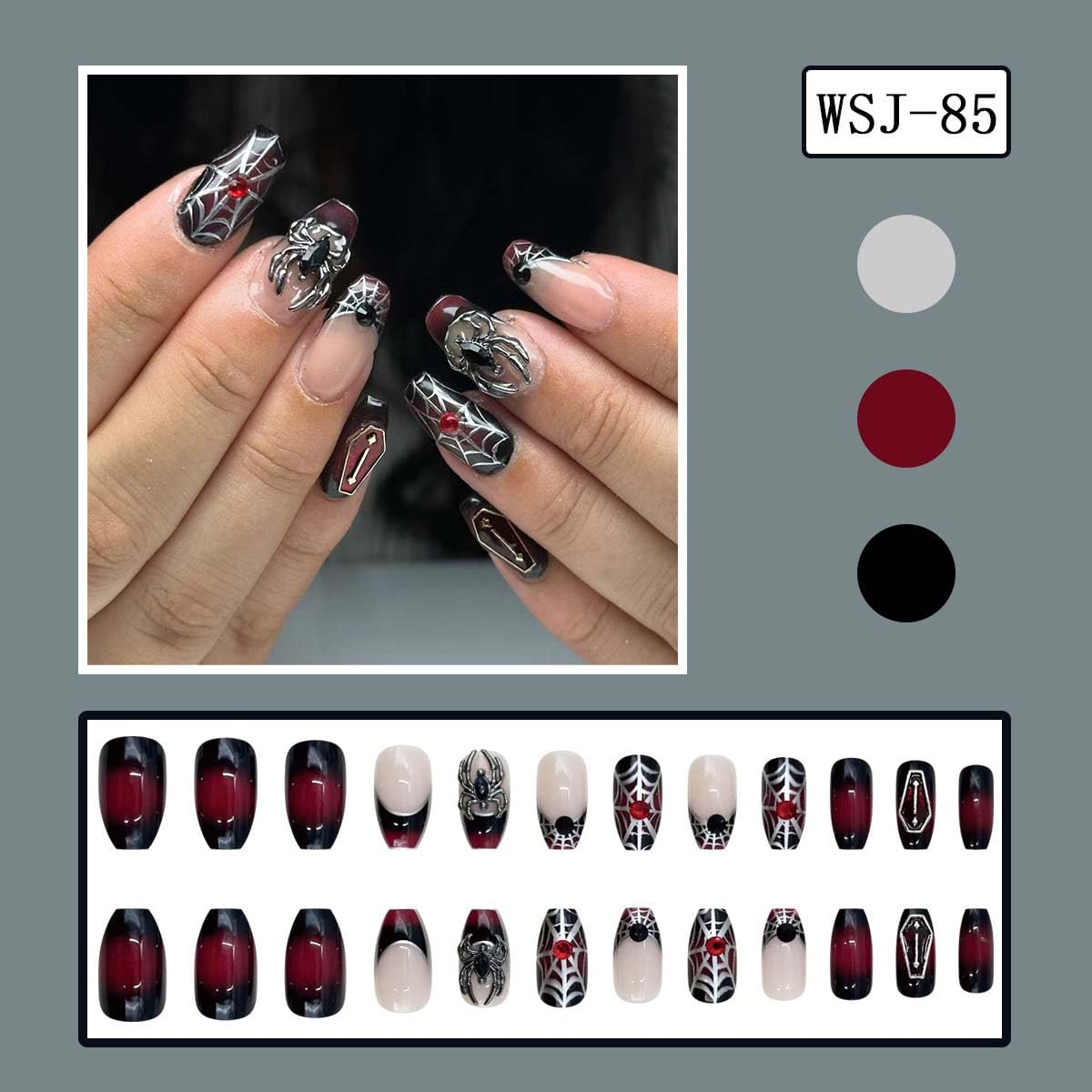 Spider Halloween Press on Nails Medium Coffin Fake Nails Goth Nails Press ons for Women Halloween ManicureReusable Artificial Nail Full Cover Glossy Glue on Nail Stick on Nails 24 Pcs