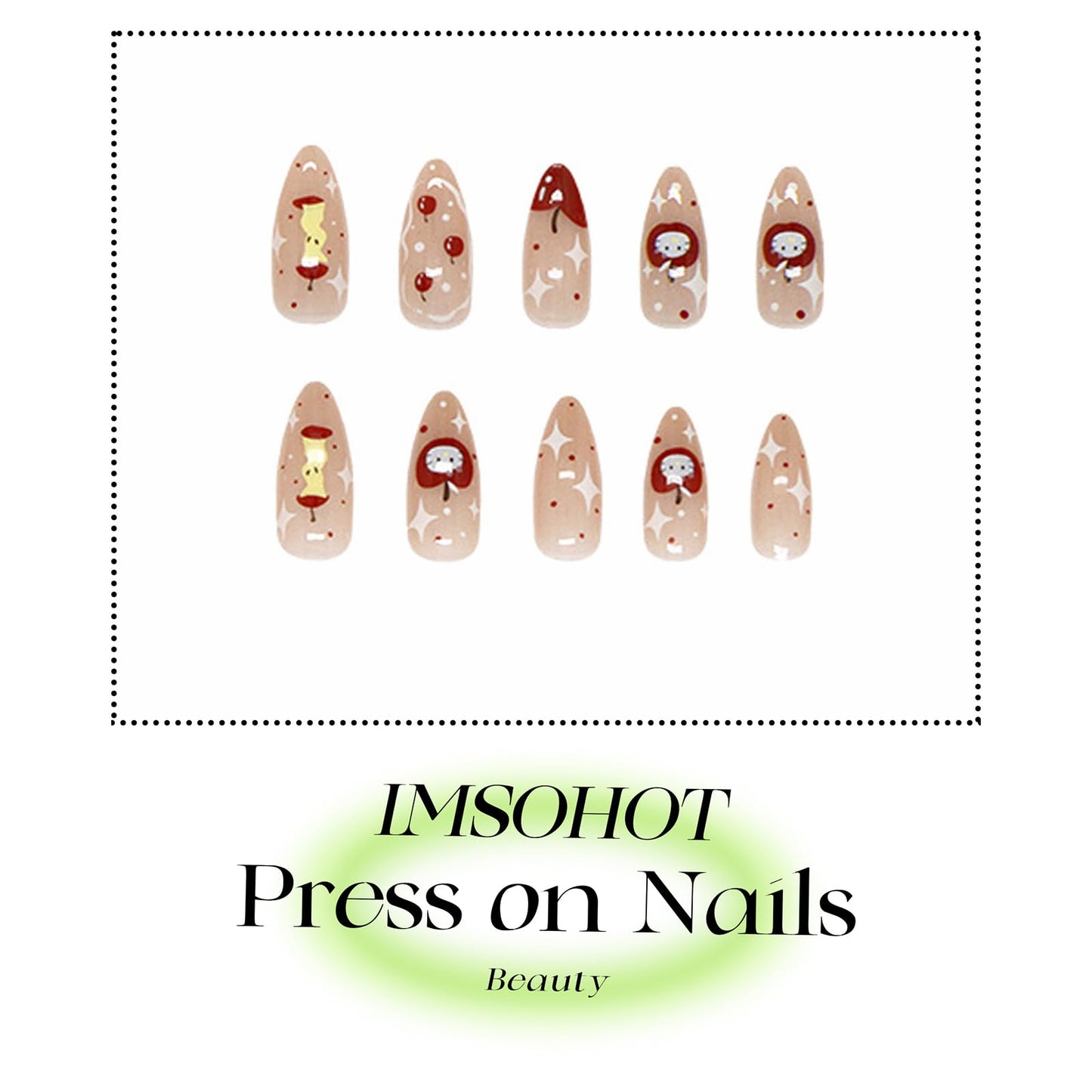IMSOHOT Press on Nails Medium Almond Fake Nails Red Apple Acrylic False Nails with Cute Kitten Designs Nude Glossy Full Cover Stick on Nails for Women Girls 24Pcs