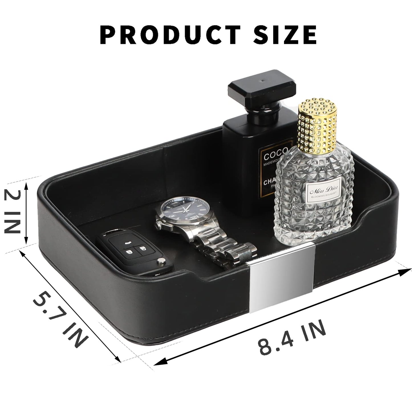 SANZIE Luxury Leather Tray Desktop Storage Catchall Organizer Decorative Tray for Entryway Table to Hold Jewelry Watch Keys Phone Wallet (Metal Silvered, Black)