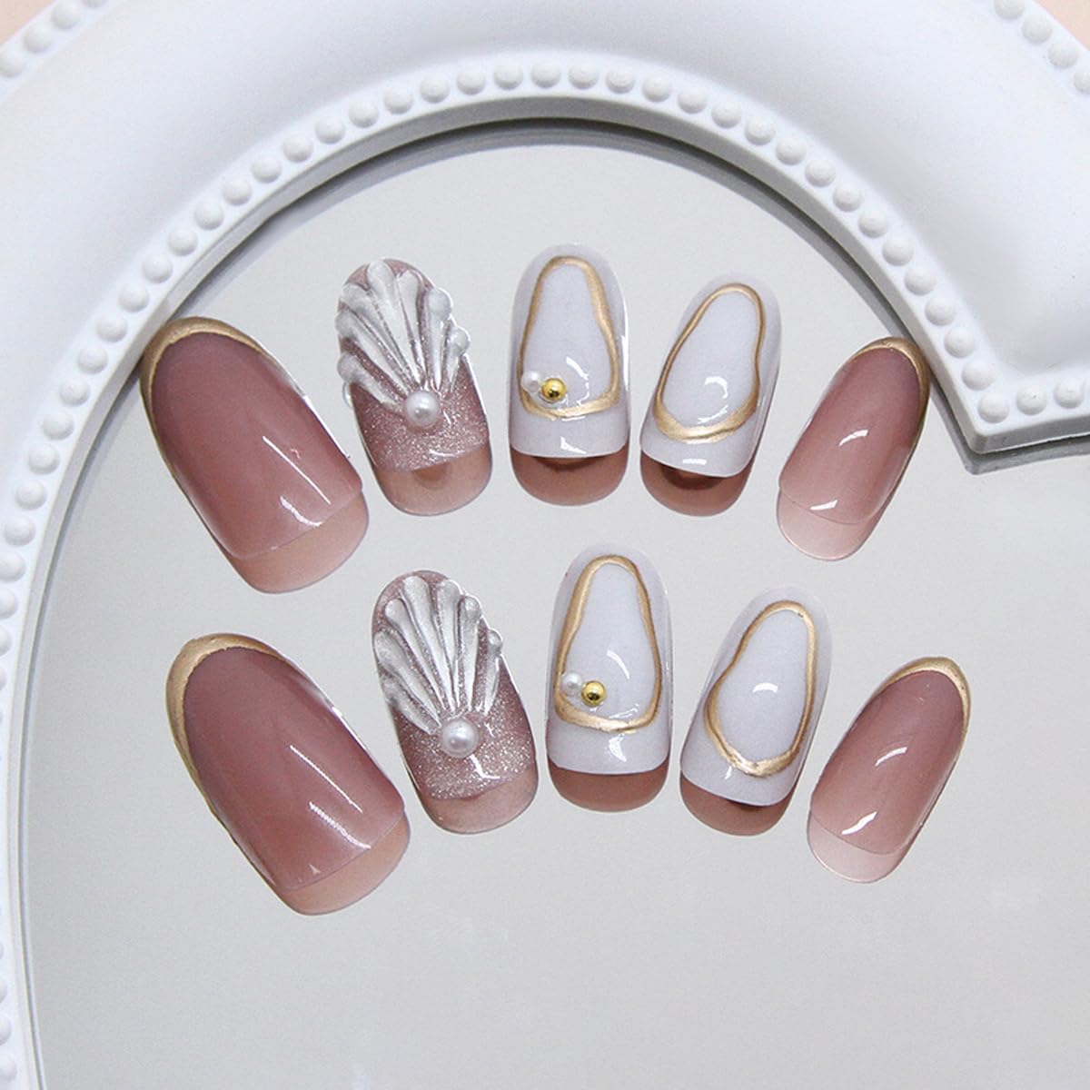 Summer SeaShell Press on Nails Medium Oval Fake Nails Pink White Nails Press ons with Gold Chrome Design Full Cover Stick on Nails for Women Beach Manicure,Reusalbe | Easy Apply | 24Pcs