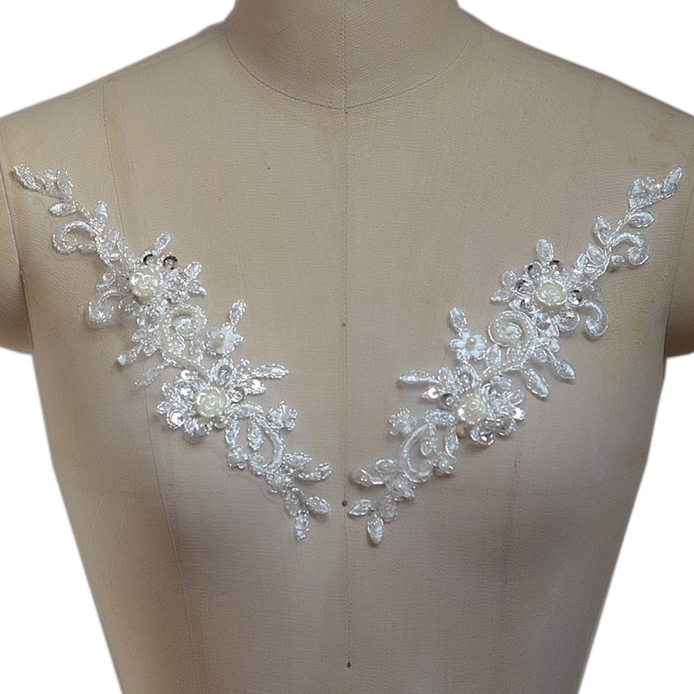 Bling Paillette Rhinestones Lace Appliques Pearl Beaded Bridal Applique Sewing Patch for DIY Wedding Belt Shoes Ivory (2 Pieces)