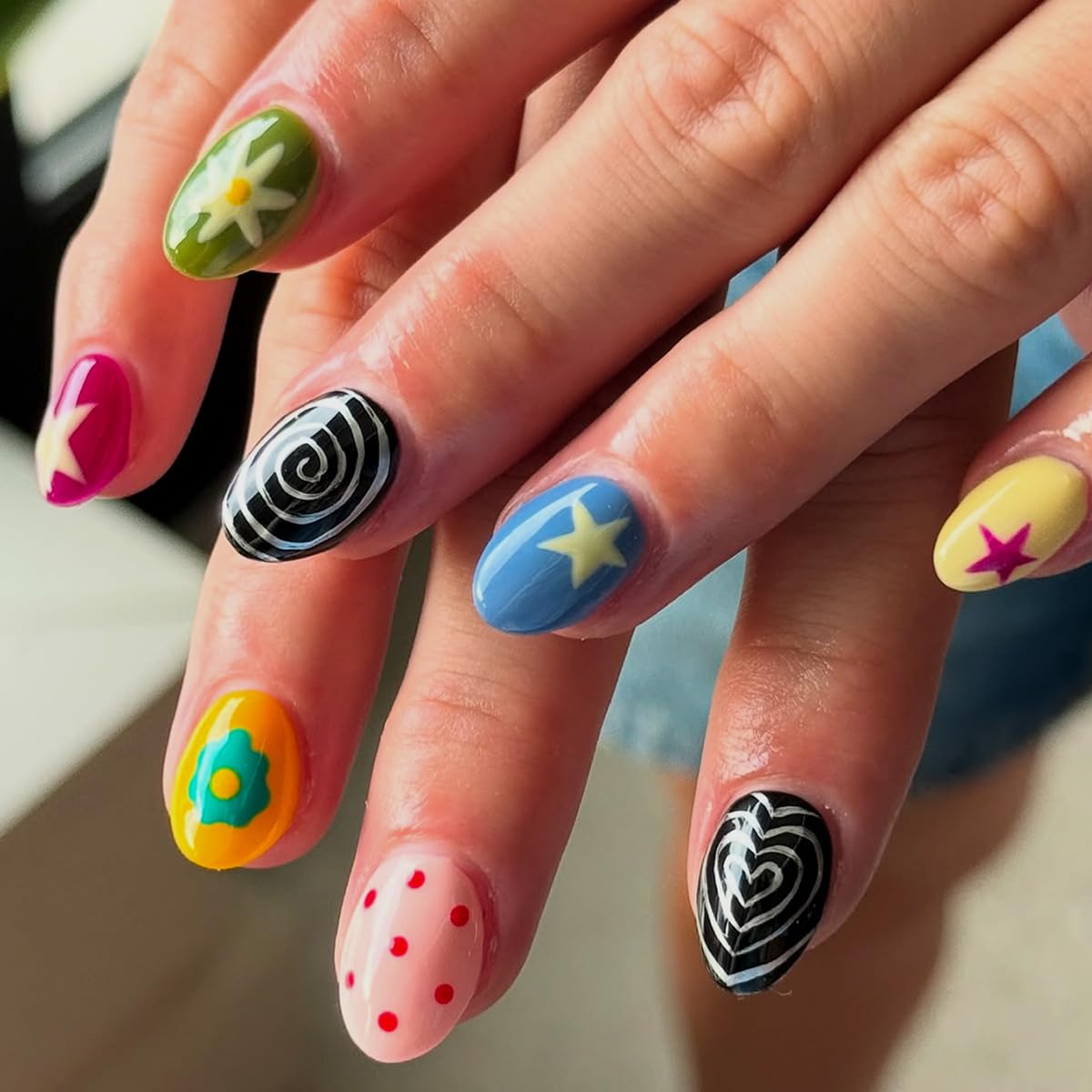 Short Oval Press on Nails Colorful Fake Nails Spring Summer Nails Press ons with Star,Flower,Polka Dot Design,Y2k Reusable Artificial Nails Full Cover Stick on Nails for Women Manicure 24Pcs