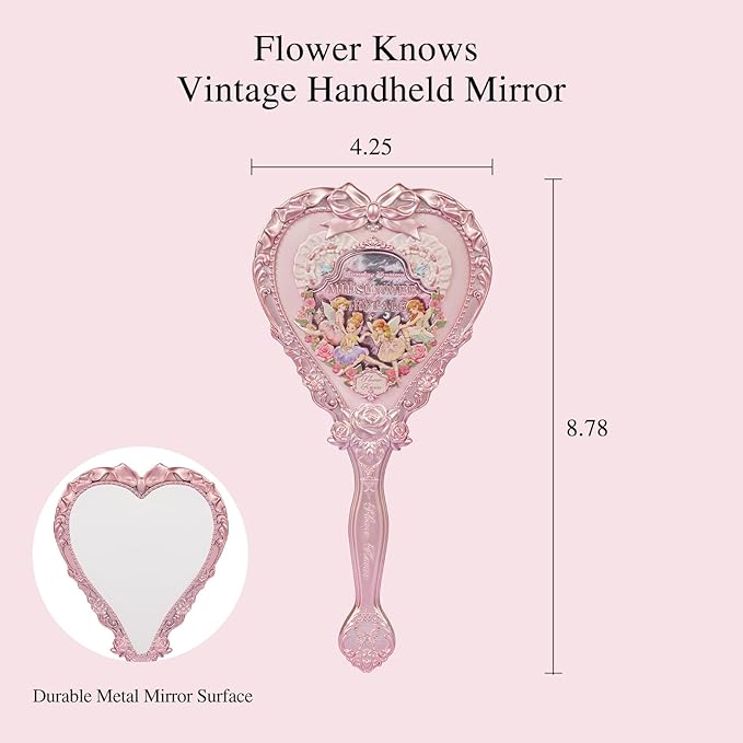 Flower Knows Midsummer Fairytales Hand Mirror,Vintage Heart Handheld Mirror,Fancy & Pretty Princess Handheld Mirror with Long Handle,Gift for Girls & Women(Milky Pink)