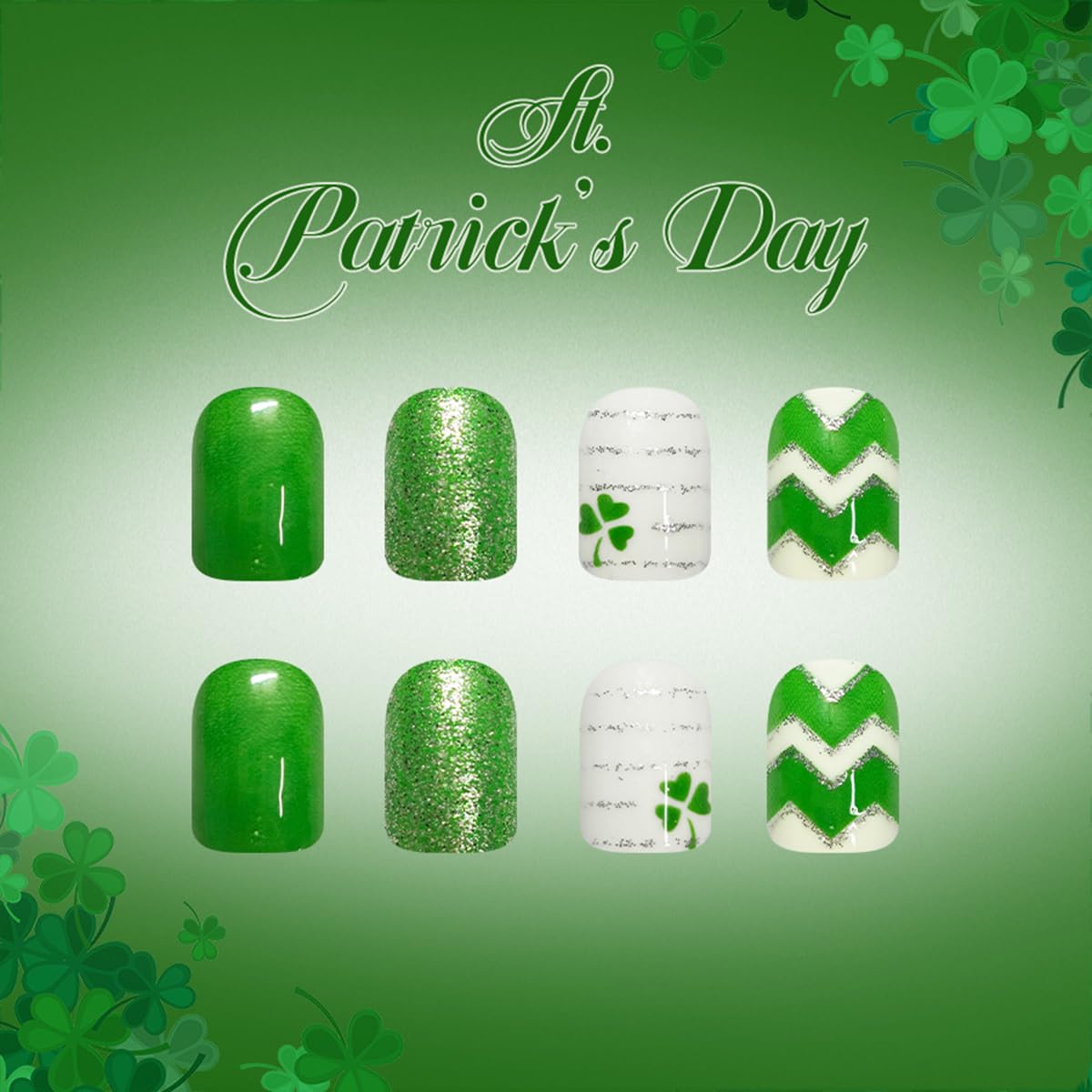 24Pcs St. Patrick's Day Press on Nails Short Square Green Fake Nails with Clover Stripes Designs White Nails Tip Kit Glossy Full Cover Glitter Glue on Nails Reusable Stick on Nails for Women