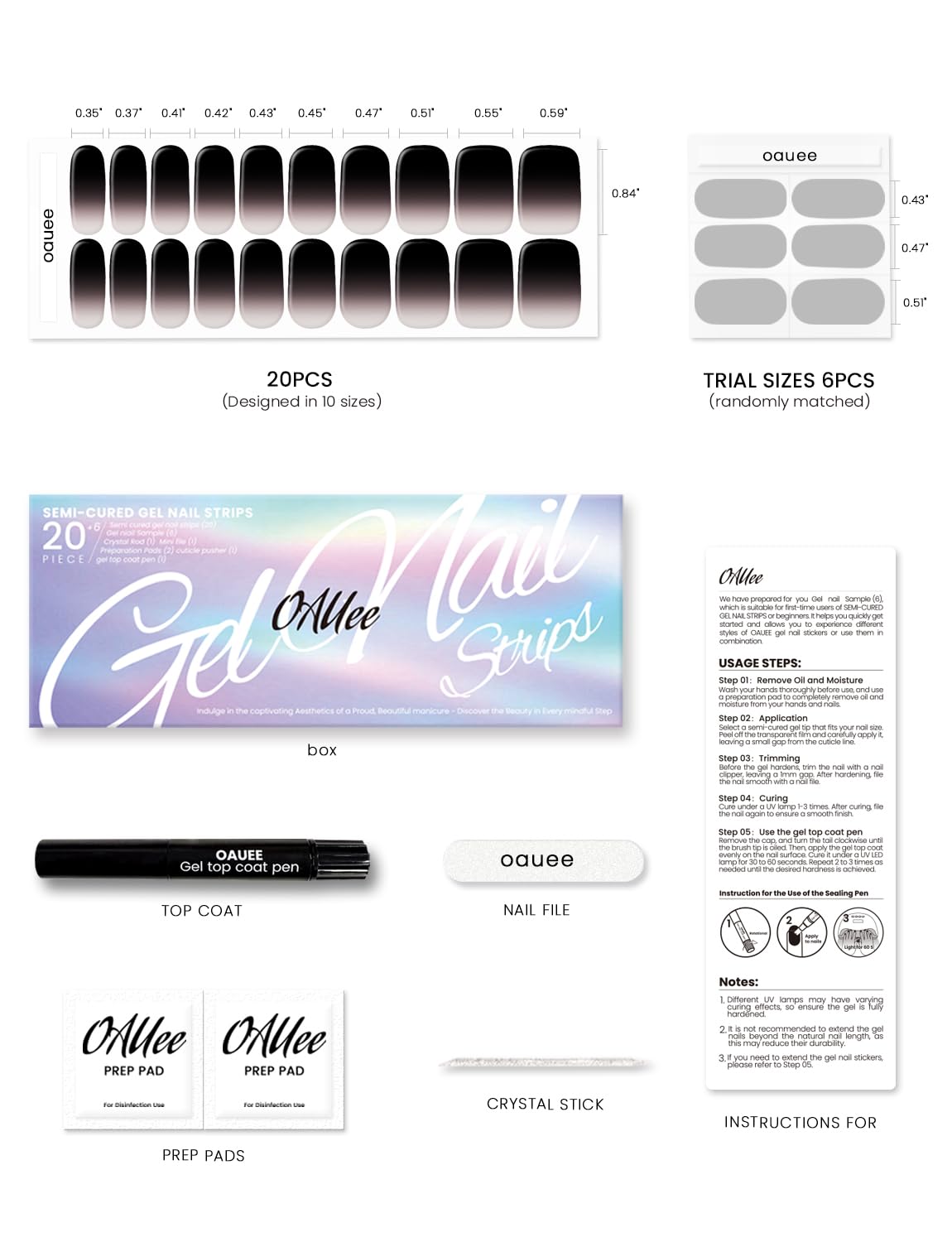 Oauee Semi Cured Gel Nail Strips | Built-In Gel Top Coat | UV Light Required | Salon Quality, Easy Application And Removal (Black & nude pink gradient)