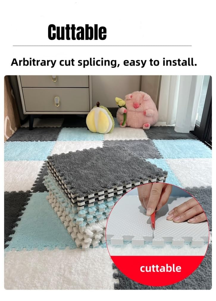 12Pcs Interlocking Carpet Tiles,12"x 12" Plush Interlocking Foam Carpet Tiles with Border,Fluffy Play Mat Floor Tiles Thick Padded Squares Foam Tiles for Playroom Decor (White+Green)