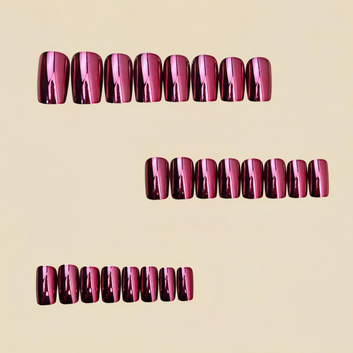 RUOKEXIN Medium Length Press on Nails Square Fake Nails Red Chrome False Nails Full Cover Nail Press ons Sparkly Artificial Nails for Women 24Pcs