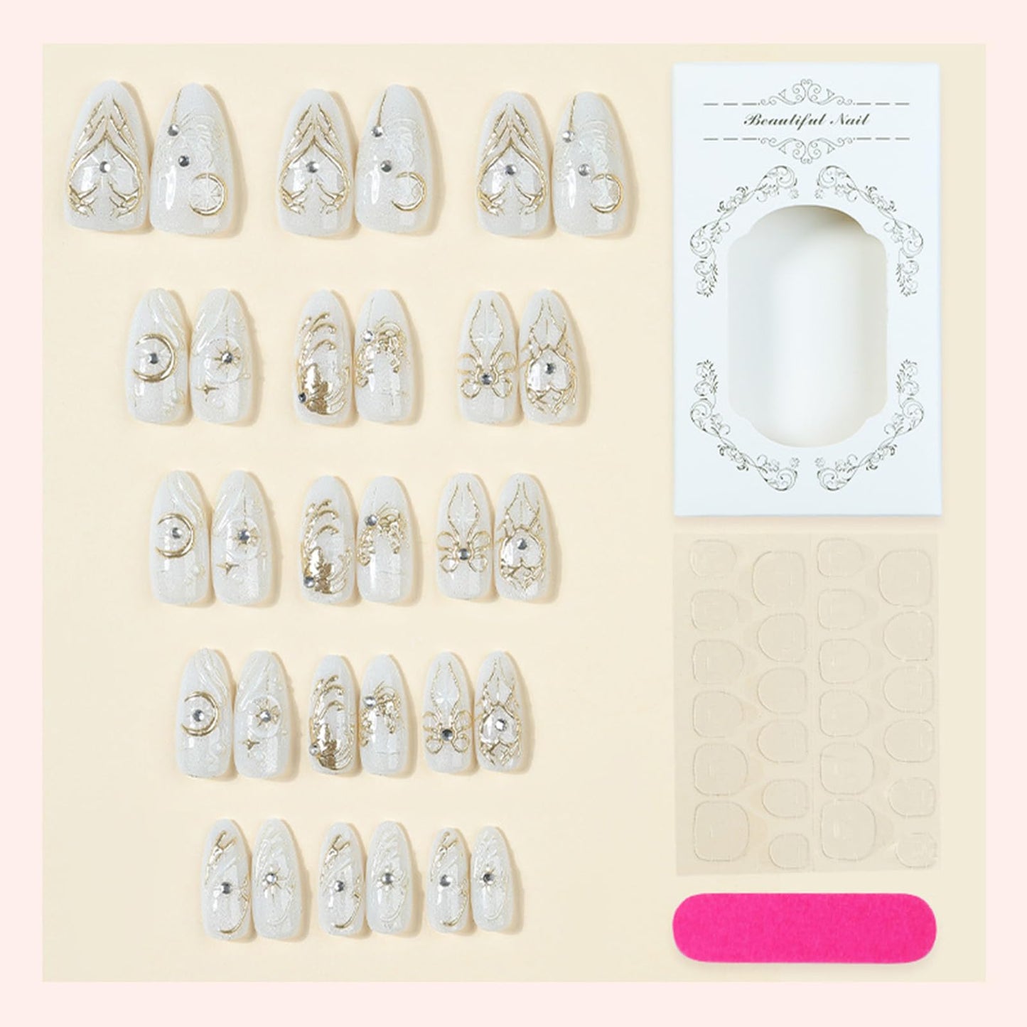 3D Flower Medium Almond False Nails Glossy Gold Curve Line Stick on Fingernail HZJXRT Press on Nails 24 Pcs Bow Tie Gel Glue on Nail Moon Acrylic Fake Nail for Coquette Women Gift