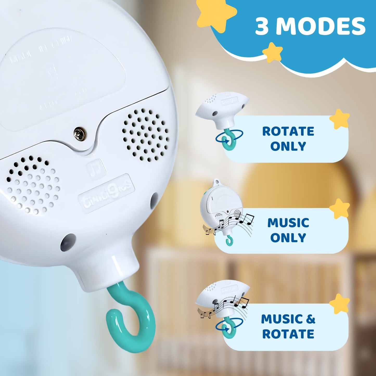 TINITIGIES Crib Mobile Motor - Baby Mobile Spinner Box with 3 Modes (Turn & Music, Turn Only, Music Only) Plays 12 Piano Lullabies (30 Min Auto Off) - Holder for DIY Clamp Mobile