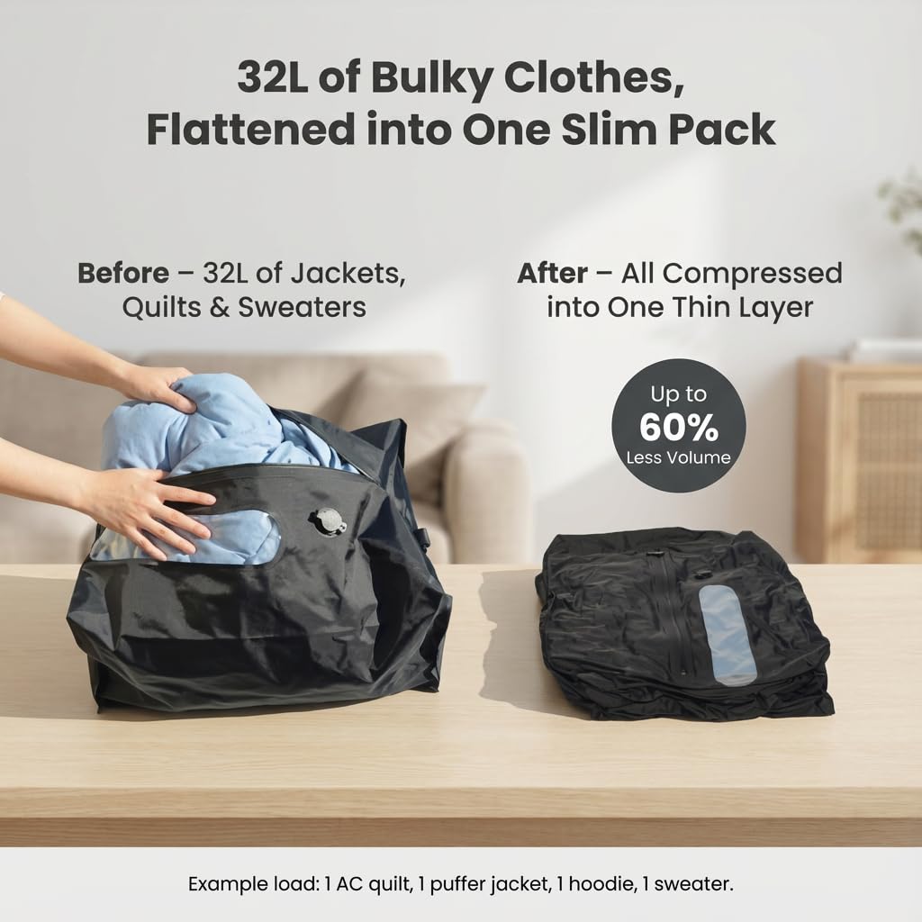 WEWEMUX Travel Vacuum Compression Bag for Clothes, 32L Reusable Waterproof TPU Packing Organizer, Vacuum Bag for Suitcase & Carry-On, Fits Backpacks & Duffels (1 Bag, No Pump)