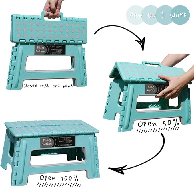 Folding Step Stool - 9" Height - Holds up 300 Lbs Lightweight Foldable Stepping Stool is Sturdy Enough to Support Adults & Safe Enough for Kids. Skid Resistant and Open with one Hand