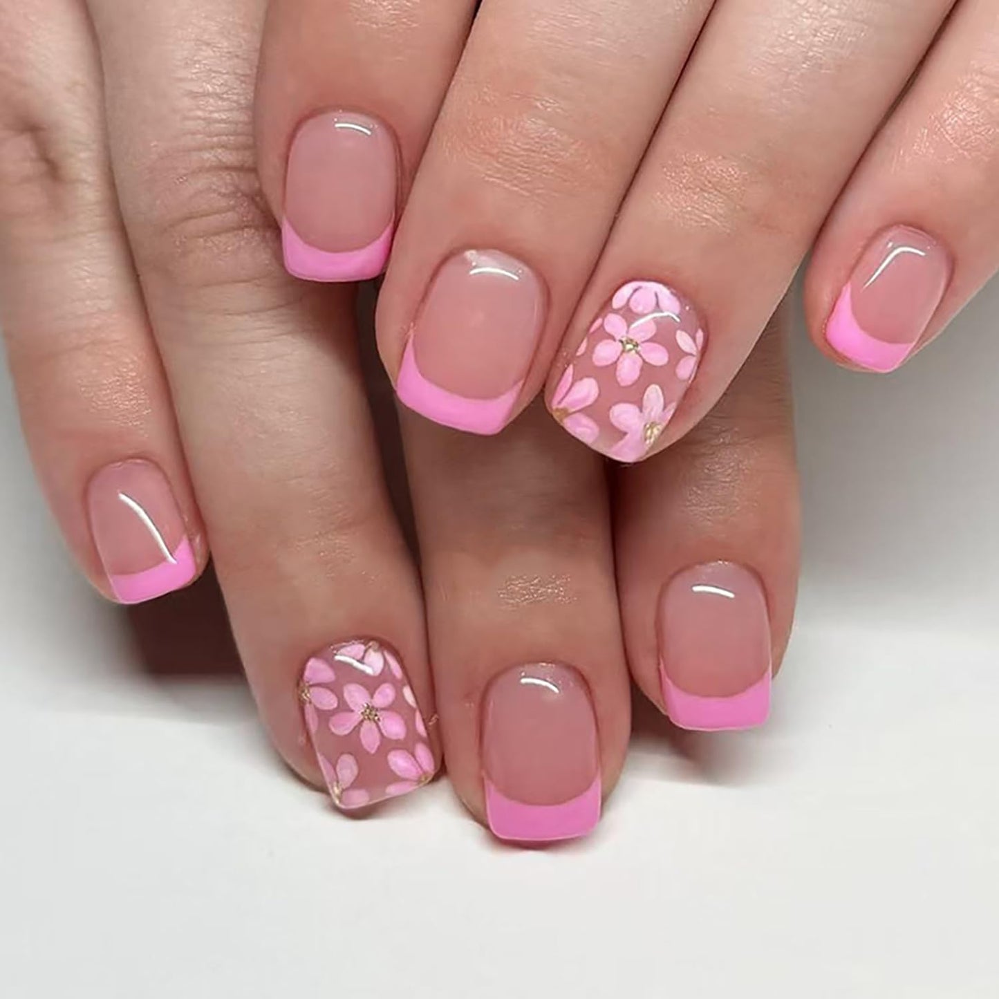 French Tip Press On Nails Short Fake Nails Square Nude Pink False Nails With Pink Flowers Designs Acrylic Spring Nails Press Ons Full Cover Glue On Nails Flower Stick On Nails For Women