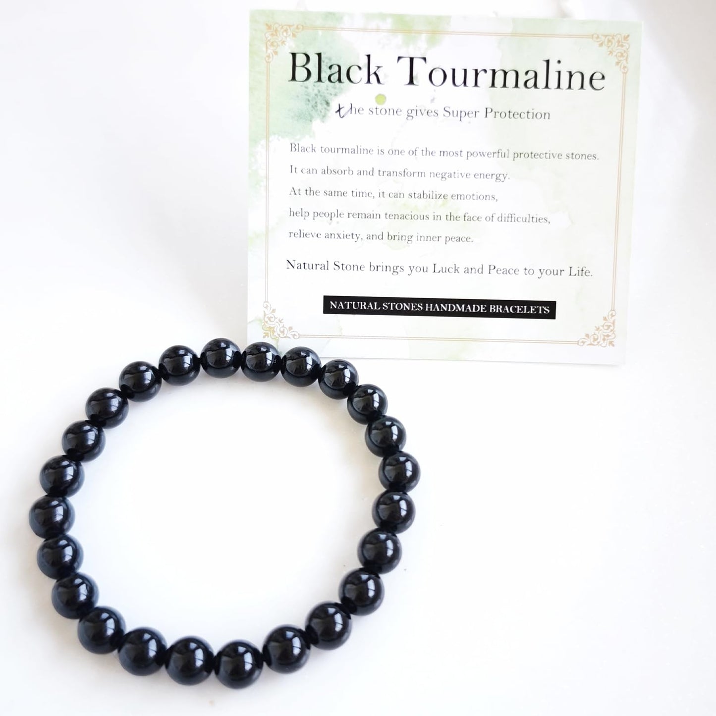 Handmade Natural Gemstone Elastic Bracelet - Healing Crystal Beads Jewelry, Unisex (Black Tourmaline, 8mm)