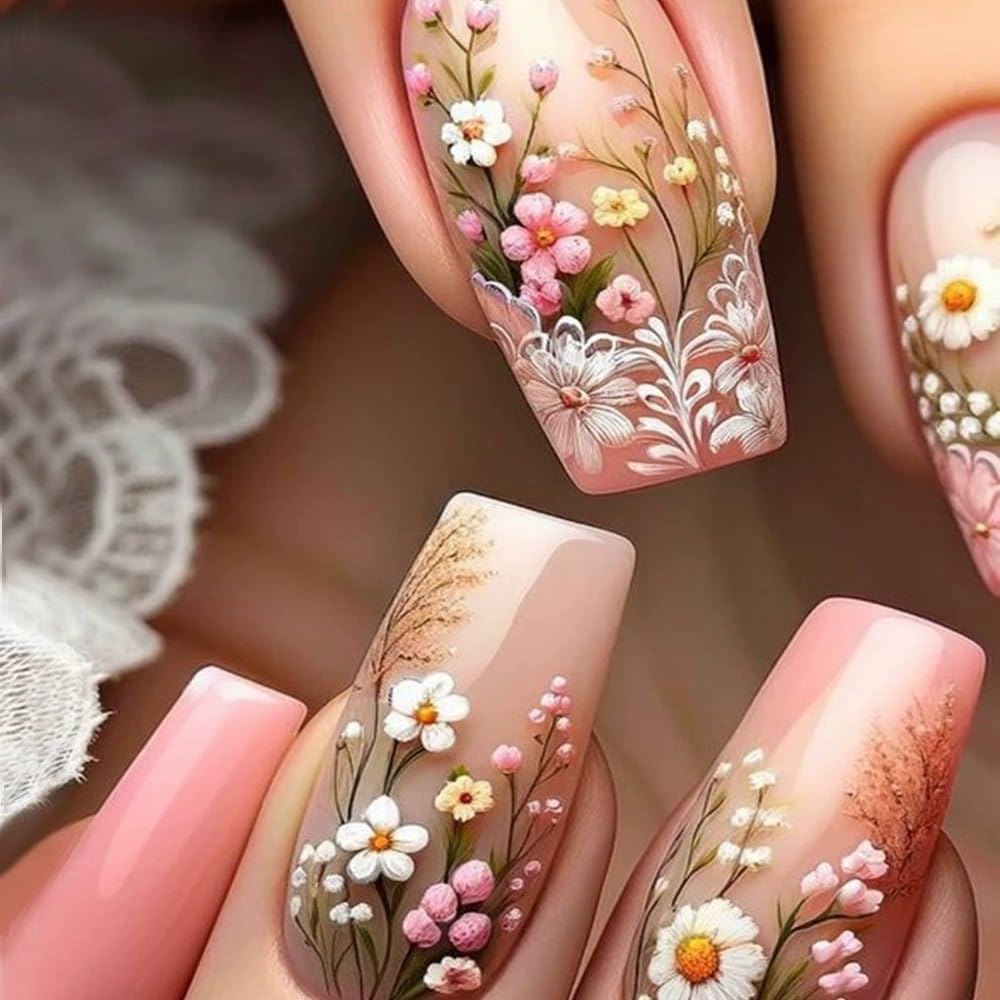 Purple Press on Nails Short Coffin Fake Nails 3D Flower Acrylic Nails Floral Leaf False Nails Matte Stick on Nails Square Artificial Nails for Women Girls Manicure 24Pcs