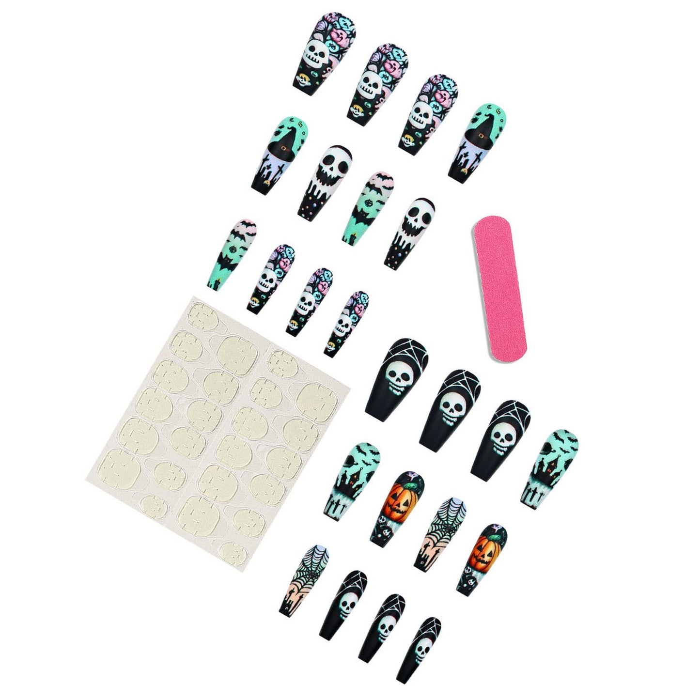 Halloween Press on Nail Long Coffin Fake Nails with Skull Pumpkin Bat Castle Spider Web designs Halloween False Nails Full Cover Black Press ones Acrylic Glue on Nails for Women Party Decor 24pcs