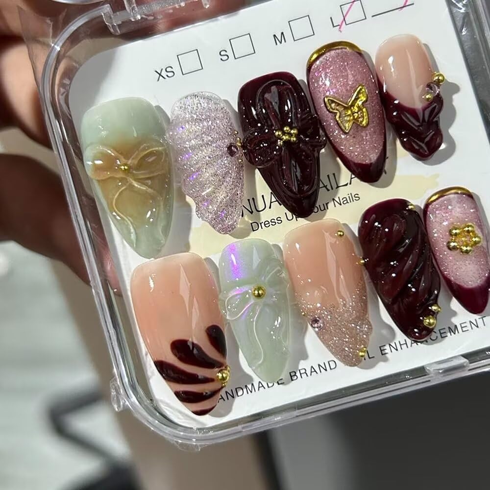 Medium Press On Nails -Purple, Handmade Medium Almond Fake Nails, Artistic Design, False Nails, Reusable, Supremely Fit Natural Stick On Nails10 Fake Nails Kit-M size
